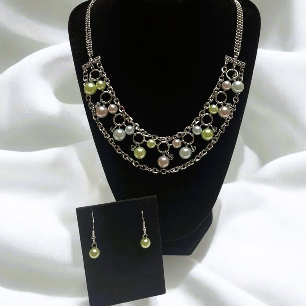 Multi-Color Faux Pearl & Crystal Layered Silver Necklace w/Matching Earrings